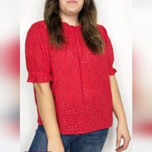 J. Crew Red Smocked Blouse with Peter Pan Collar